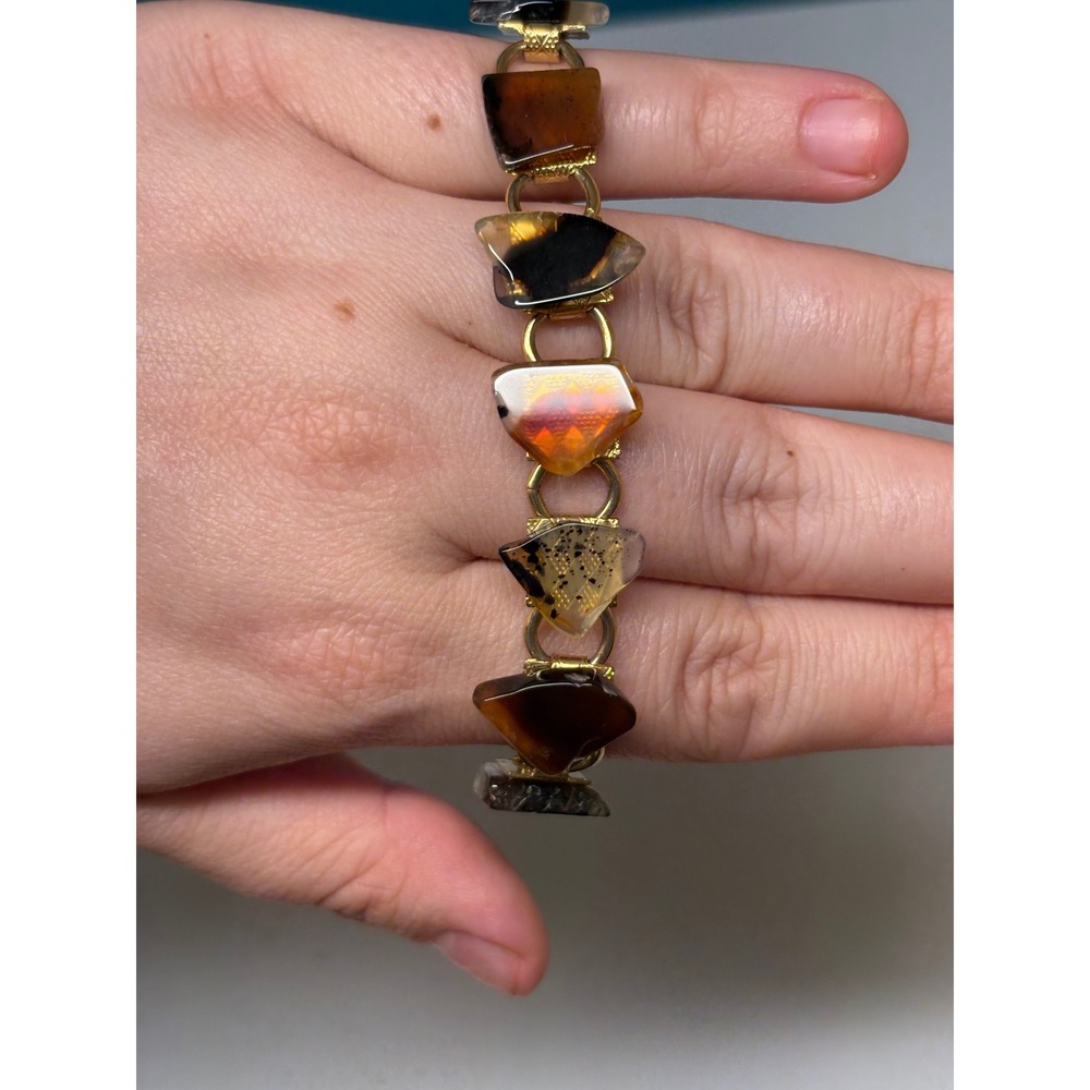 Vintage Gold Tone Agate Stone Link Bracelet Earthy Brown Amber